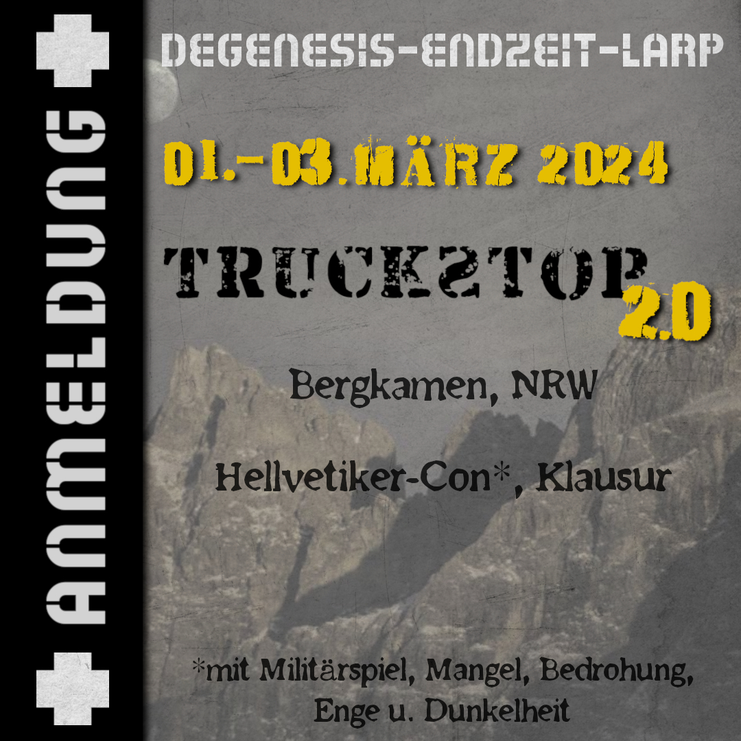 Bild mit Text zur Hellvetiker-Con "Truckstop 2.0" mit einer Idee Alpen-Panorma.