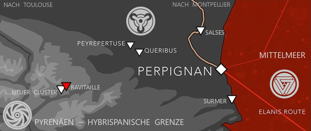 Karte der Bordenoir-Region am westlichen Rhône-Delta mit Ravitaille, der IT-Location, in den Pyrinäen